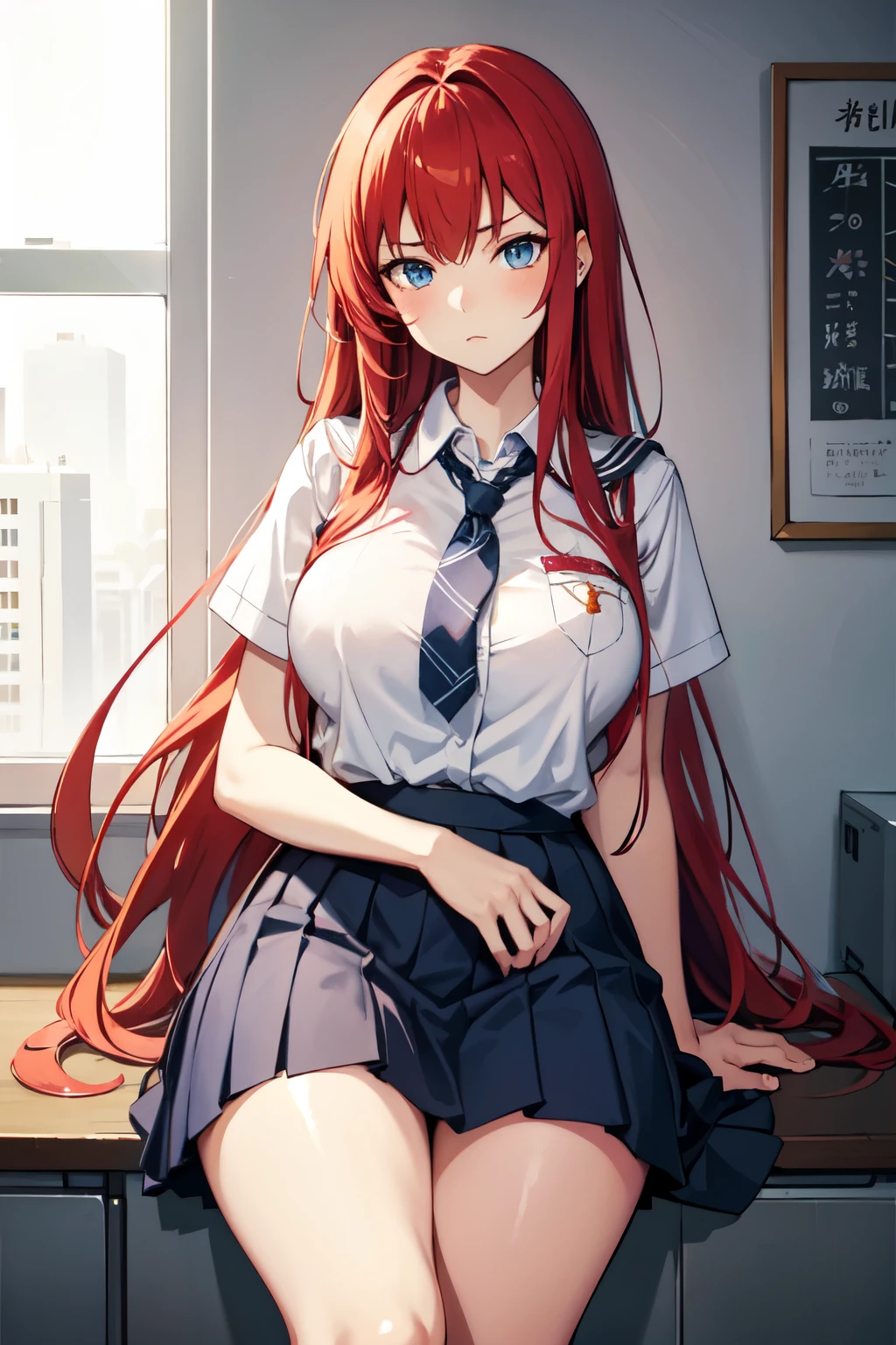 (schoolgirl)), ((anime)), 1girl, long hair, red hair, hime cut, 2 sidelocks, stern expression, dark blue eyes, fair skin, big breasts, honor student