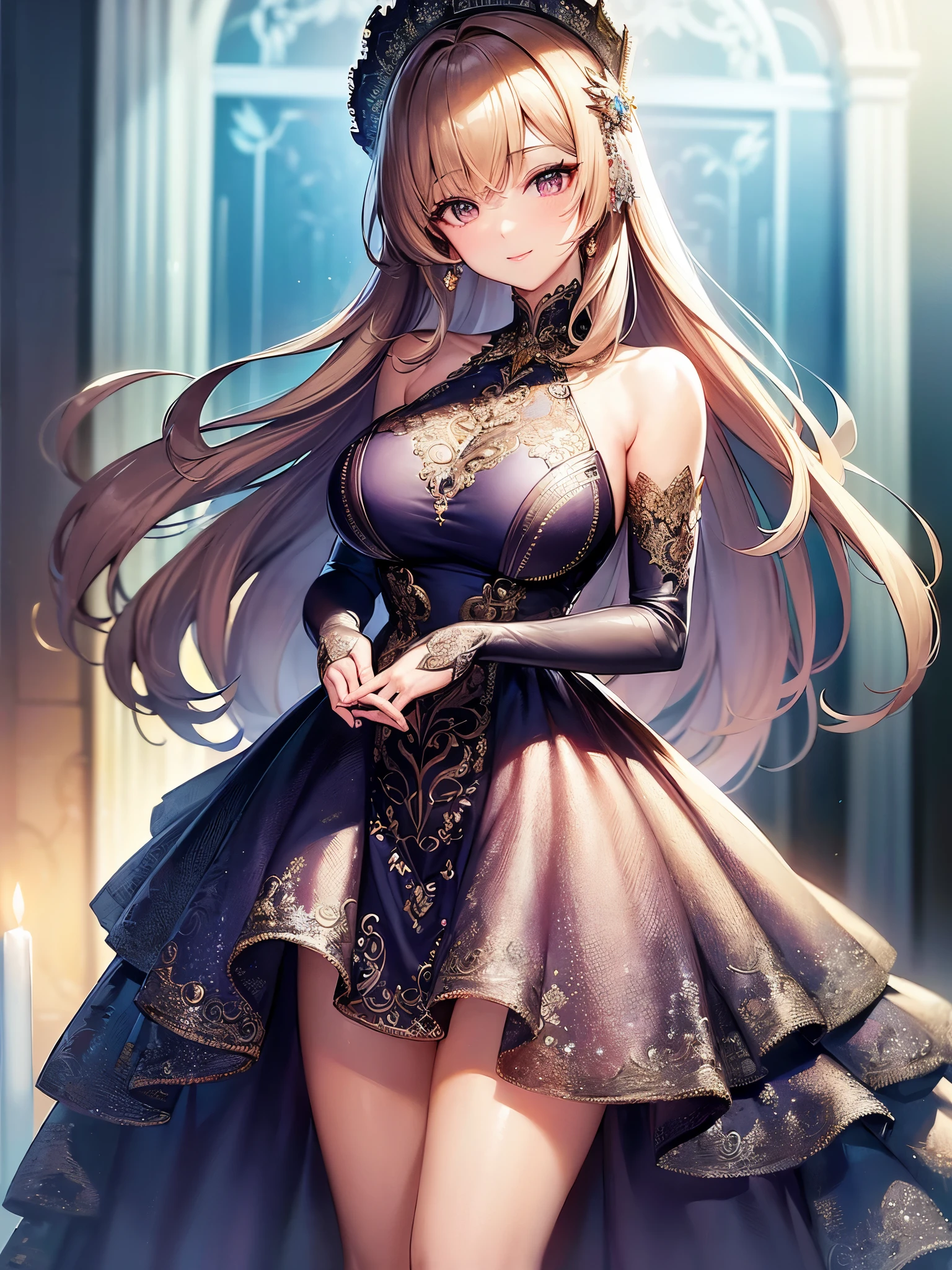 ((Highest quality)),(Ultra-high resolution),(Super detailed),(Detailed Description),((The best CG)),(masterpiece),Highly detailed art,(Art with precise detail:1.5), (Lady:1.5),smile:1.4,(A gorgeous dress with a gorgeous design:1.9),(Off the shoulder:1.3),Evening Gloves:1.5, Stained glass:1.4,Candles:1.4,Sparkling chandeliers, Particles of light pouring down:1.1