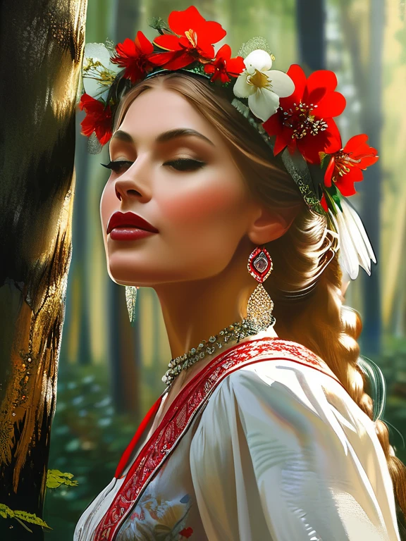 Vintage poster of a beautiful Slavic woman’s face in traditional slavic costume, flower crown, dancing in the forest, realistic style, concept art, Gabriele Dell'otto, Style AI Midjourney,, painting in the style of Anders Zorn, Alexi Brilo, Luisa Royo, Studio Ghibli Genshin Impact