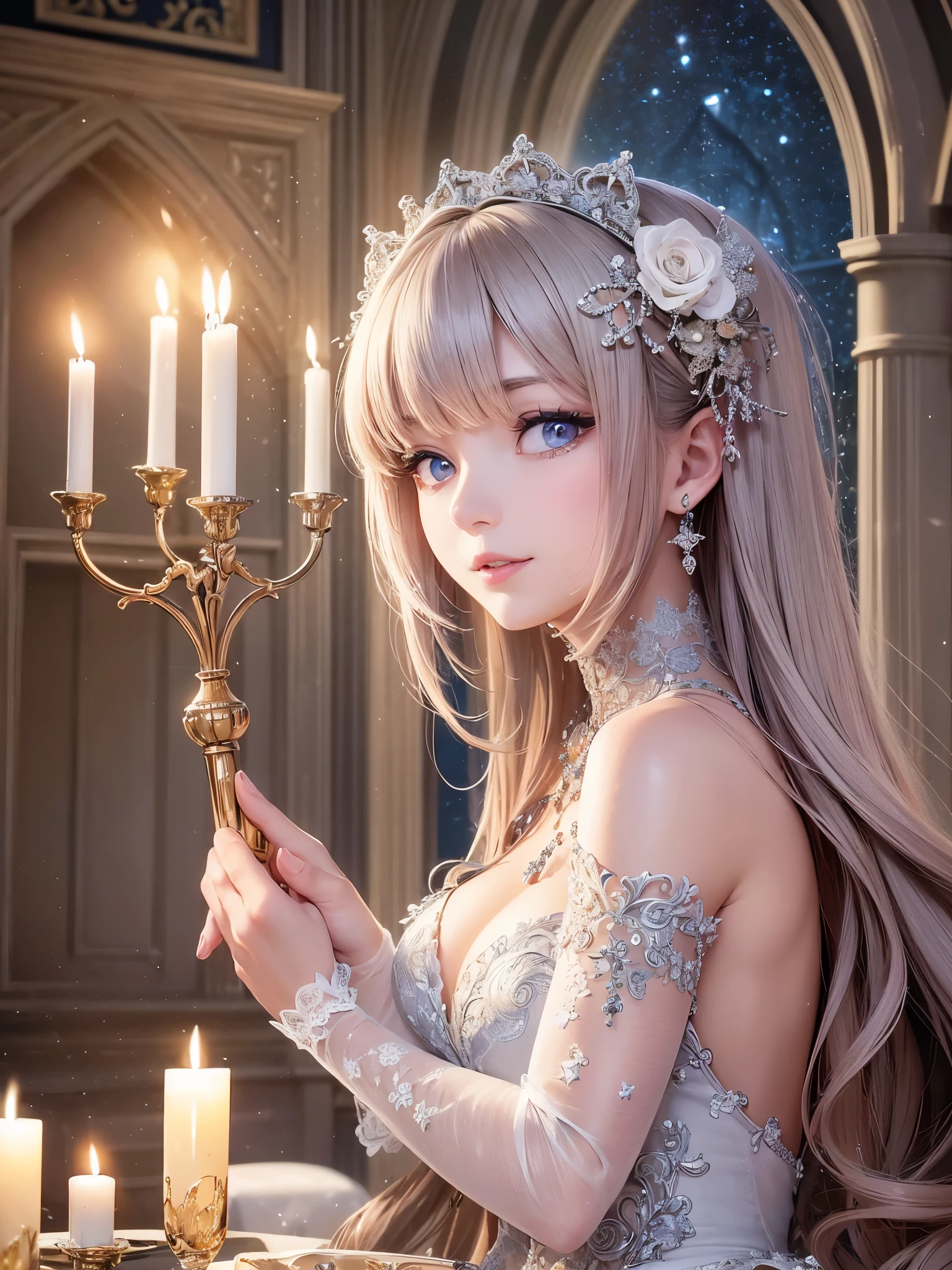 ((Highest quality)),(Ultra-high resolution),(Super detailed),(Detailed Description),((The best CG)),(masterpiece),Highly detailed art,(Art with precise detail:1.5), (Lady:1.5),smile:1.4,(A gorgeous dress with a gorgeous design:1.9),(Off the shoulder:1.3),Evening Gloves:1.5, Stained glass:1.4,Candles:1.4,Sparkling chandeliers, Particles of light pouring down:1.1