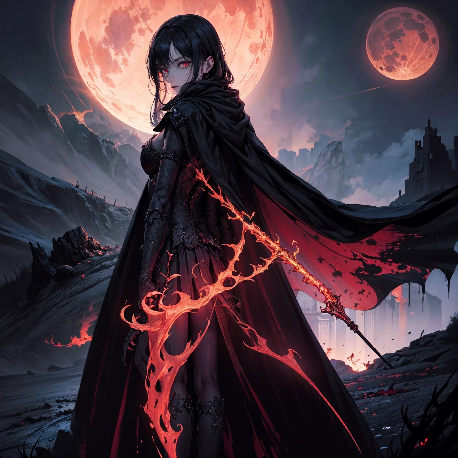 best quality, 4K, high resolution, masterpiece:1.2, Very detailed, actual:1.37, Mood lighting, Girl in a long cape, Only wearing a reflective rubber bra and a reflective latex skirt, Exposes the navel，Shows the skin above the chest, Dangerous sneer, Black Hair, Standing, Facing the camera, Crucified, Pitch black sky, Blood-red moon, strange atmosphere, Gothic style, Unforgettable beauty, Dramatic shadows, Ethereal Light, Mysterious atmosphere.