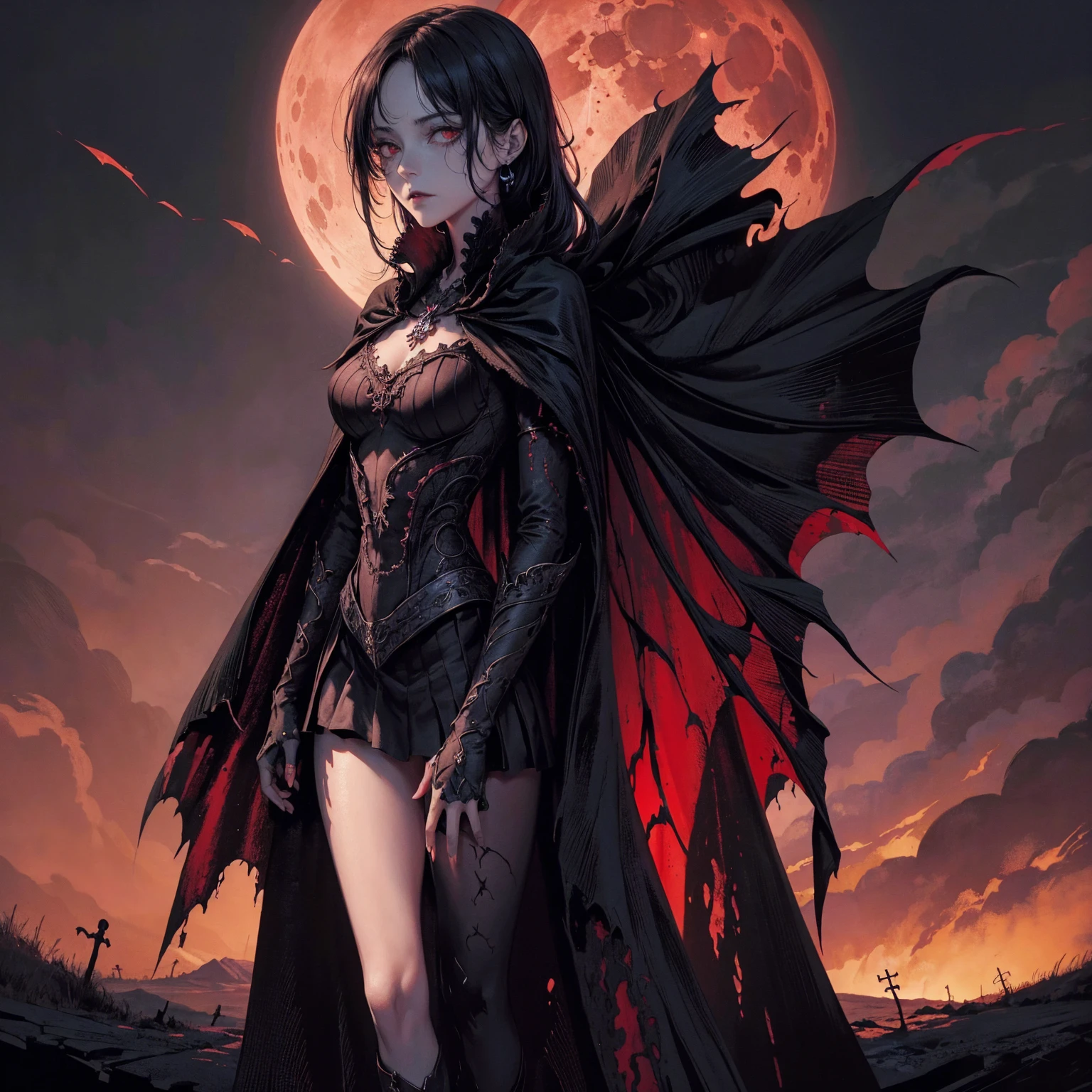 best quality, 4K, high resolution, masterpiece:1.2, Very detailed, actual:1.37, Mood lighting, An Undead Lich Girl in a long cape, Half face is only skull without any flesh, Hands and arms are only bones without any flesh, Wearing a ragged gothic skirt, Aloofness emotion, Dangerous sneer, Black Hair, Standing, Facing the camera, Crucified, Pitch black sky, Blood-red moon, strange atmosphere, Gothic style, Unforgettable beauty, Dramatic shadows, Ethereal Light, Mysterious atmosphere.