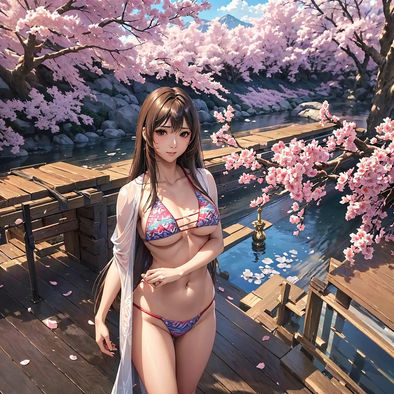 (Highest quality、masterpiece、Very high resolution、Ultra HD、2.5th dimension 1.5)、(A woman who combines perfection and ultimate beauty:1 person:18-year-old、Highly detailed face、Highly detailed body)、Perfect figure:Beautiful breasts,Beautiful body、Beautiful Face、Beauty Painting、Realistic portraits、(Various Hair Styles、Beautiful Hair)、(((Bikini Swimwear:String Bikini:Colored:Patterned)))、(Realistic textured skin and body、Realistic breast texture:1.5)、(Standing posture、On the front、Look forward:1.5)、(Model pose、Sculpture Pose、Gravure photo、photo shoot:1.5)、Breast charm、Bright smile、Open-air bath at dusk、Natural hot springs illuminated by the setting sun、sunset、Natural open-air bath、Hair flutters under the influence of the wind、Styling hair by hand、Cherry tree in full bloom、The cherry blossoms are beautiful、Beautiful views、Beautiful sunset、(Exact details、Detailed Images、Accurate Images、Perfect Image 1.5)
