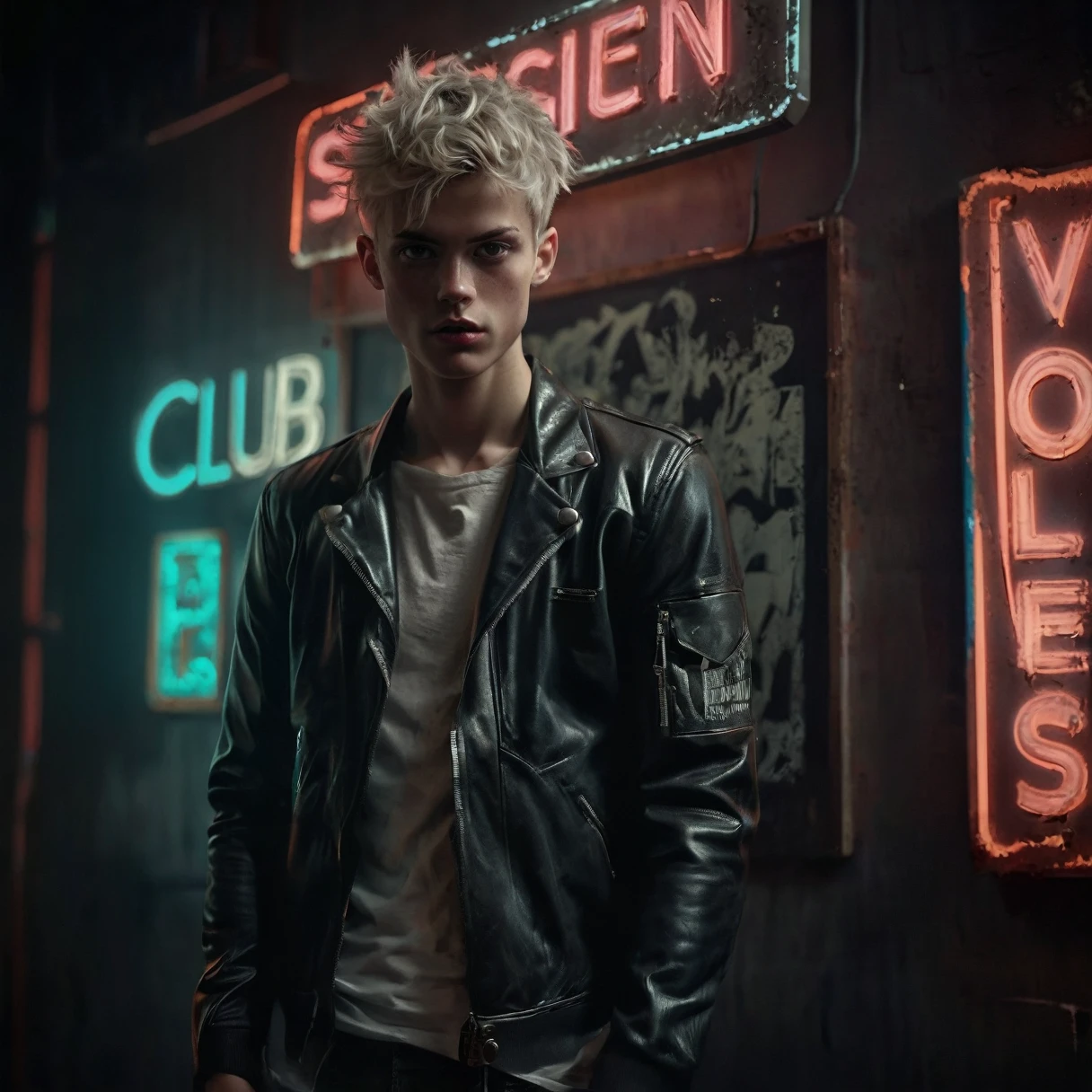 Photorealistic, dark vibes, solo, young man, facing camera, 22 years, pale skin, model (skinny:1.3), (short messy blond hair:1.5), (black leather jacket:1.3), holding knife, dark lighting, foreboding, sexy, (neon sign that says:"CONTEXT":1.8), night club setting, BDSM background