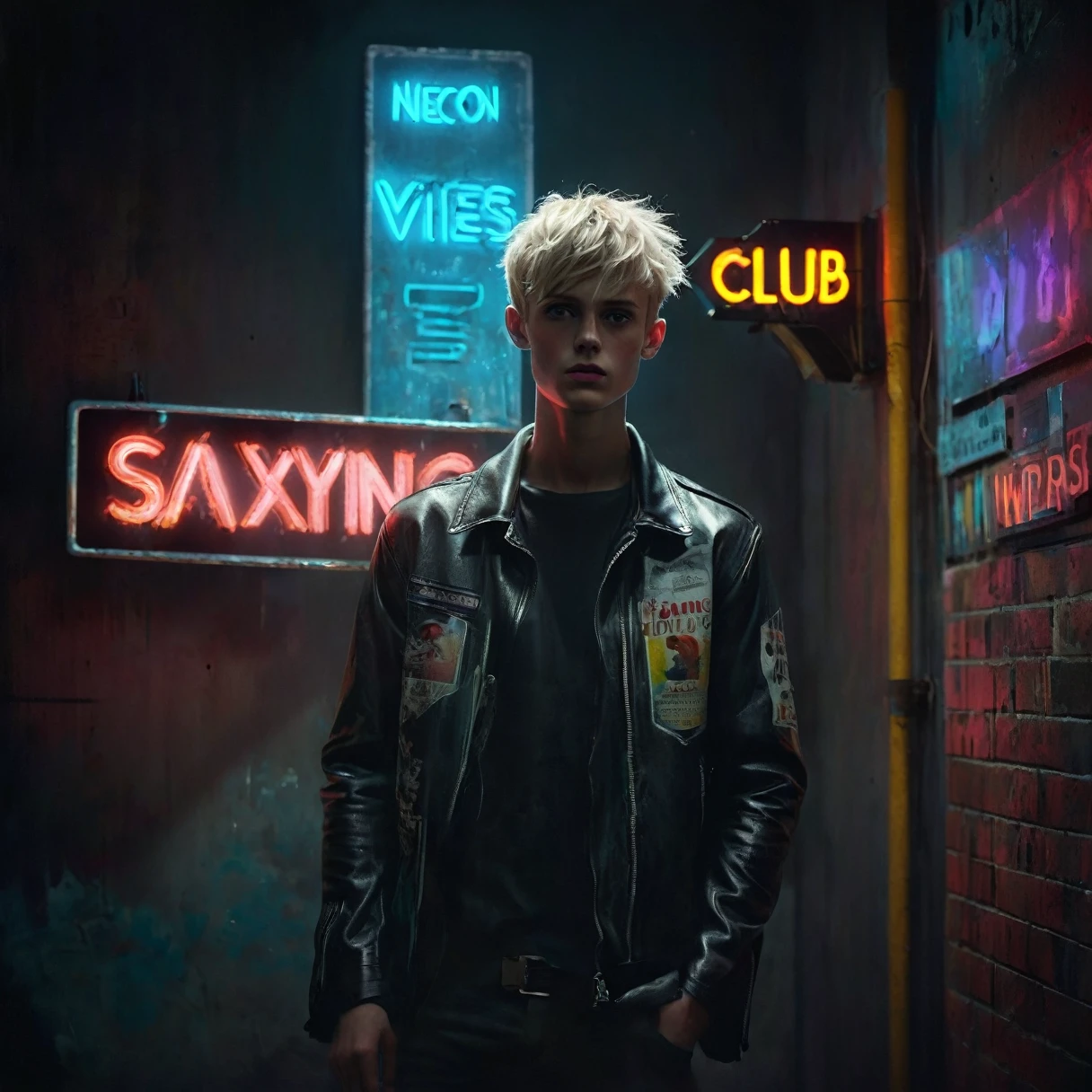 Photorealistic, dark vibes, solo, young man, facing camera, 22 years, pale skin, model (skinny:1.3), (short messy blond hair:1.5), (black leather jacket:1.3), holding knife, dark lighting, foreboding, sexy, (neon sign that says:"CONTEXT":1.8), night club setting, BDSM background