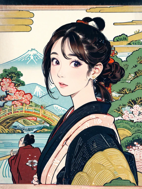 (Highest quality、 8k 、masterpiece、High resolution)、(whole body)、Vibrant colors、Brown-black bob、Traditional topknot、Ample breasts、(Highly detailed face and eyes,Beautiful Face,Beautiful Eyes,Beautiful nose,Pretty lips)、Official Art、Ukiyo-e style、 (Beautiful woman in kimono)、(Vivid floral patterned kimono)、background、river、bridge、Mountain、wood、Starry Sky、moon、Detailed CG、