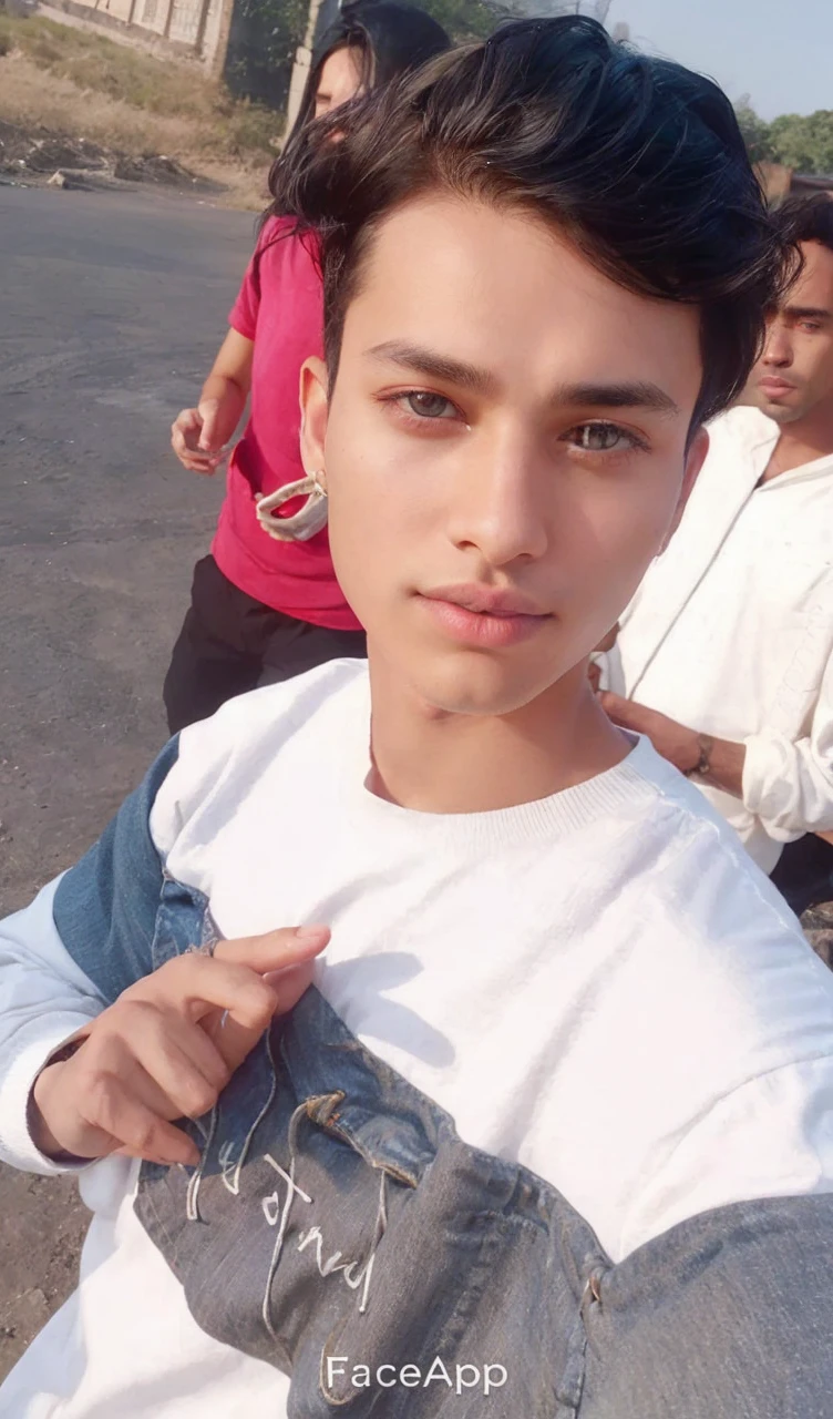A handsome man. Black hair. Her bangs are down. eighteen. Beautiful double eyes. The bridge of my nose. Well-shaped lips. He is looking at the camera with a defiant expression. An image of planets and outer space strung together in a string in the space behind the man. The man is wearing blue jeans as a jacket.