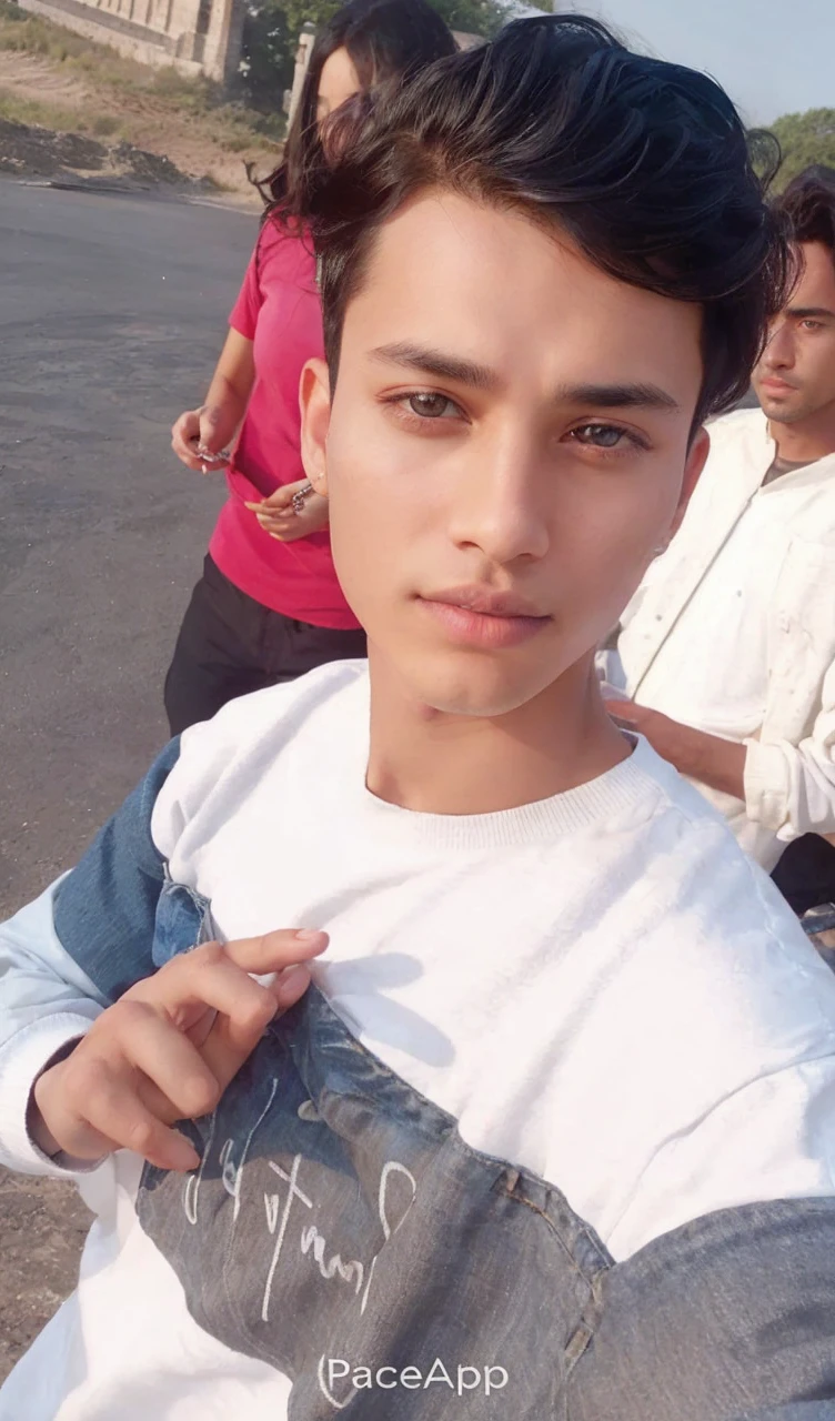 A handsome man. Black hair. Her bangs are down. eighteen. Beautiful double eyes. The bridge of my nose. Well-shaped lips. He is looking at the camera with a defiant expression. An image of planets and outer space strung together in a string in the space behind the man. The man is wearing blue jeans as a jacket.