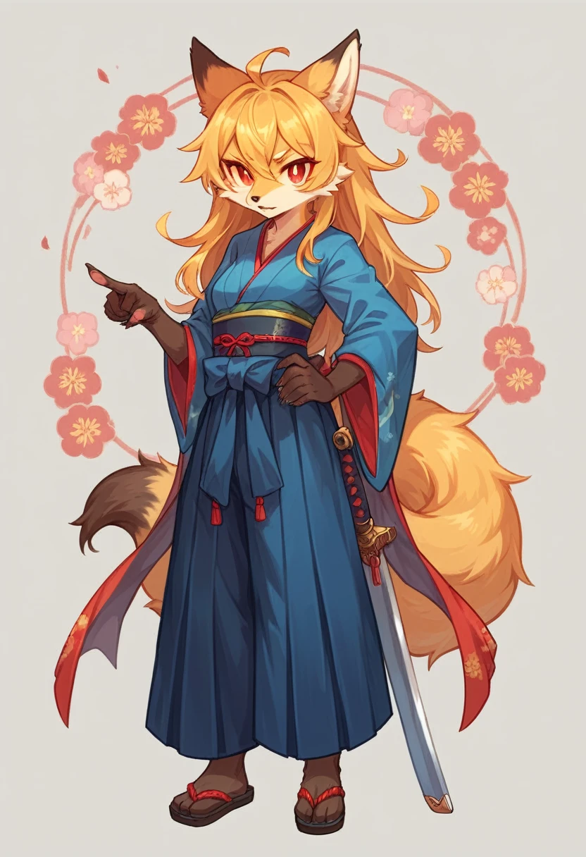 (full body,,The left hand is on the hip),((The right hand is out in front,Nine-tailed tail,Ultra delicate,Japan pointing a sword,)),small breasts,Adult female fox, Furry, Golden fur, Golden facial fur, long golden hair, The hair on his hands is golden, Golden yellow hair on the back of the hand, Light-filled eyes, Red eyes, Brown elements of fur,Dark blue kimono,Dark blue hakama,Very fine fur, Fluffy tail,