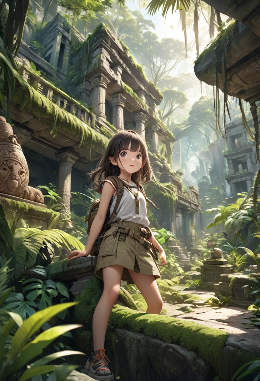 Jungle Adventure:1.2, a beautiful cute young girl jungle explorer, lost ancient civilization, overgrown ruins hidden in the vast jungle, intricate carvings on the ruins, girl with amazed expression and action pose, detailed portrait, (highest quality,16k,highres,masterpiece:1.2),ultra-detailed,(hyper-realistic,photo-realistic:1.37),detailed jungle environment, lush greenery, sunlight filtering through the canopy, moss-covered stone, weathered architecture, ancient artifacts, sense of wonder and discovery