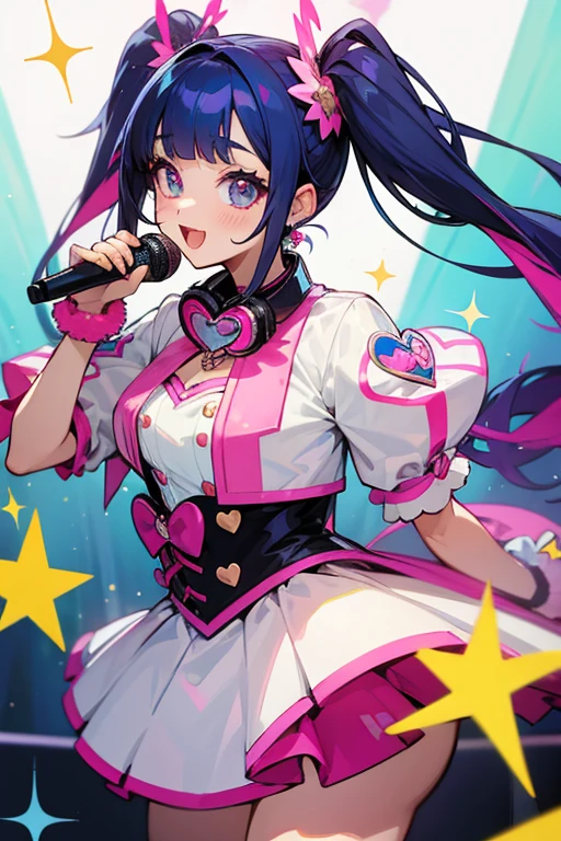 A virtual Popstar, Twin tails, Heart-shaped earrings, Colorful Hair, Chest girth, Headphones hanging around the neck, Sparkle Effect, Anime Style, On stage, Holding the microphone, Idol Costumes