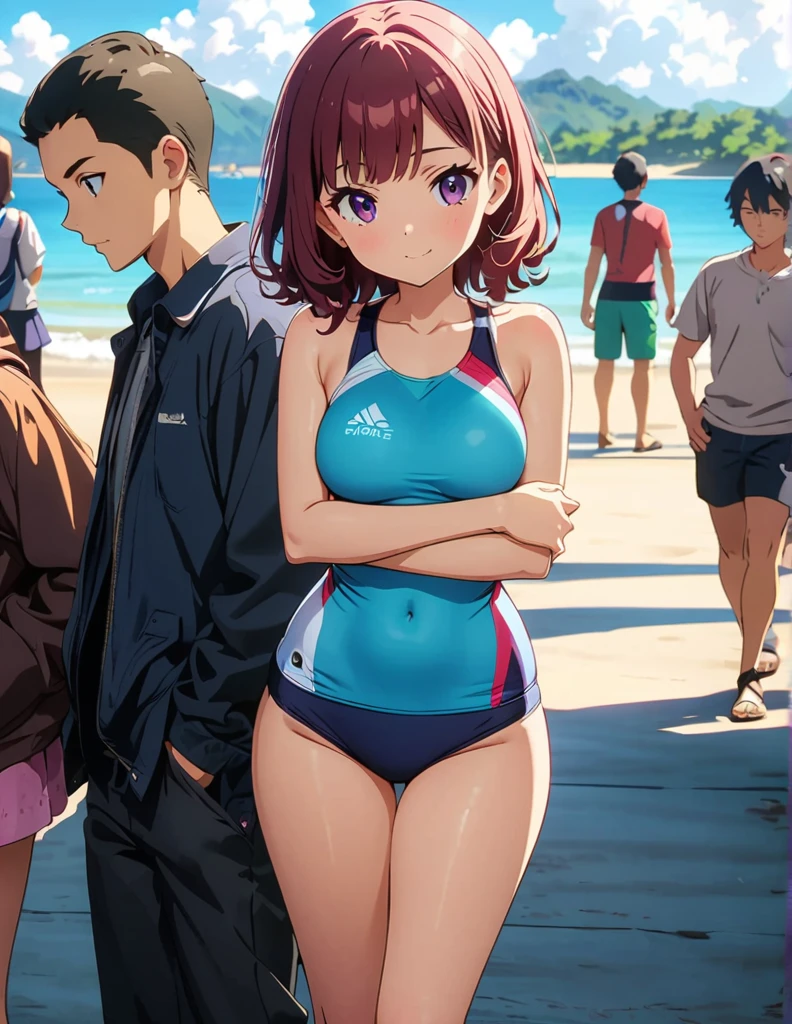 highest quality、nice sexy body、one woman、solo、((Beautiful busty woman:1.3))、((Woman with dark red hair:1.3))、((ponytail woman))、long hair woman、((A woman wearing a navy blue one-piece school swimsuit:1.3))、(((nsfw:1.5)))、(((A woman surrounded by five naked men:1.3)))、men hugging women、(Man and woman having sex from behind:1.5)、((A man slides the crotch of his swimsuit and inserts his penis into a woman&#39;s pussy.:1.5))、(((The woman is crying out in pleasure:1.6)))、(((A woman panting with acme:1.7)))、insult、gang rape、rape、(((The woman's body is covered in semen:1.3)))、Semen is pouring into a woman's、(((A man is strongly fondling a woman&#39;s breasts:1.6)))、(((Men are holding women&#39;s arms tightly:1.3)))、The men are laughing