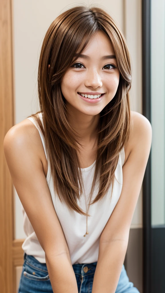 1 fille, , 独奏, Longhaire, ssmile, opened mouth, brown-hair, freckle