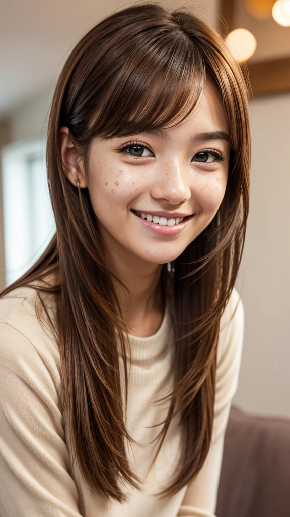 1 fille, , 独奏, Longhaire, ssmile, opened mouth, brown-hair, freckle