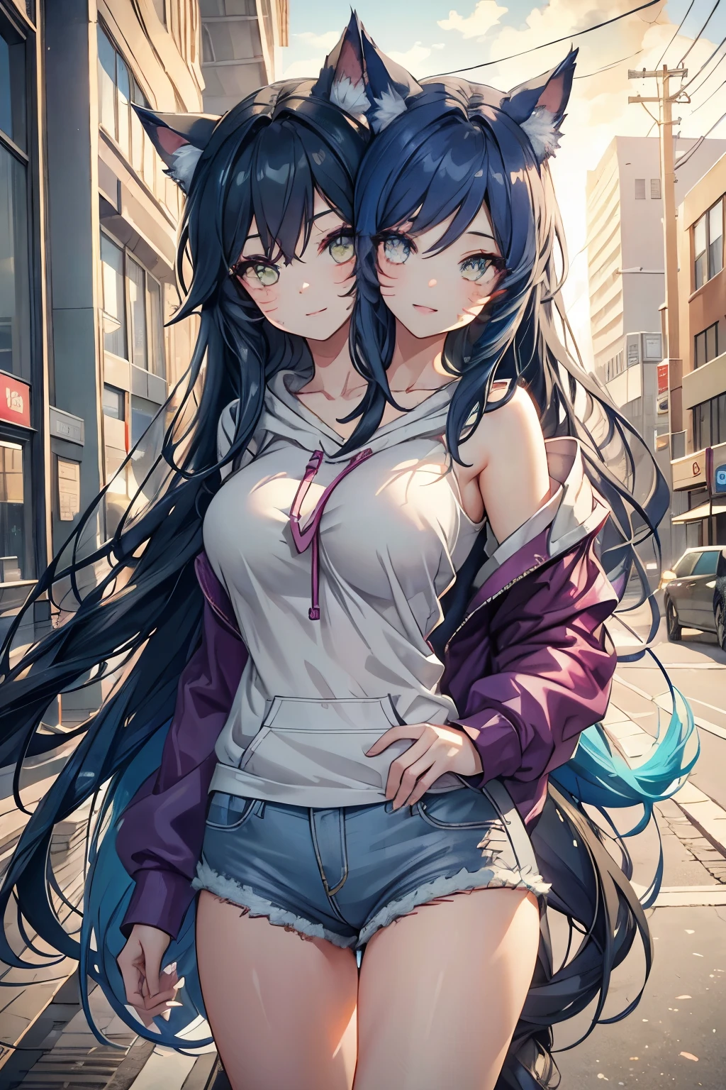 (2heads:1.2), 1girl, conjoined twins, Ahri wearing a casual light grey hoodie,short jeans, beautiful detailed eyes, smiling face, longeyelashes, her tails forming a heart shape behind her, standing on a sidewalk, sun shining, vivid colors, photo-realistic, portraits, medium:illustration. (best quality,ultra-detailed,HDR,colorful vivid appearance,studio lighting)