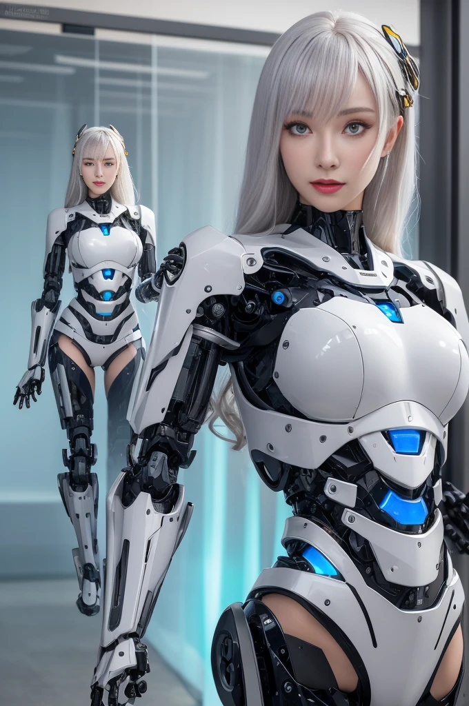 Super Detail, High Detail, high quality, best quality, High resolution,1 female robot,Beautiful female robot,beautiful clear face(Rain waves_haneame:1.5), Realistic, High resolution, Soft Light,Hips up, (Detailed face), silver hair, long hair, Mecha Maiden, Colorful mechanical parts, mechanical joint, Thick mechanical armor,Weaponry, All metal body, Technology Antenna Hair Accessories
