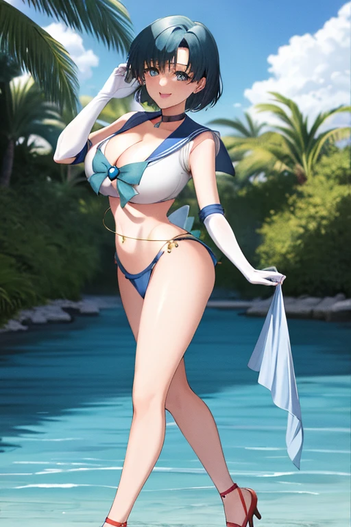 masterpiece, best quality, beautiful art, high resolution, well formed hands, body and fingers, 1 woman, solo, Sailor Mercury, blue makeup, sailor senshi uniform, elbow gloves, sailor collar, grown up, arabian belly dancer, adult, large and round breasted, cleavage, hair ribbon, full body, sexy and skimpy arabian belly dancer outfit , gorgeous legs and thighs , dancing seductively and erotically, turning backwards and forwards, showing her back and front, shaking her body, bikini thong, smiling joyfully, looking at the viewer, flirting, beach environment