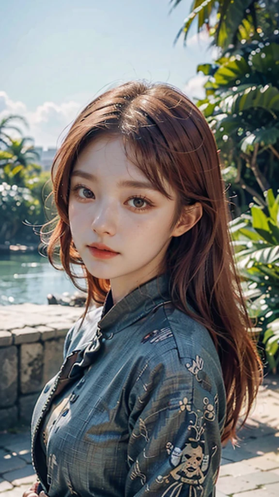 anime, (((portrait of daw))), a woman, (((a red hair))), (((blue eyes))), (((female pirate)), 8k, unreal engine, octane render, by kyun, gamang, Yoon Gon-Ji, g.ho, gosonjak, shuroop, serious, domi, noah, trending on pixiv, fanbox, skeb, masterpiece, smooth soft skin, big dreamy eyes, beautiful intricate colored hair, symmetrical, anime wide eyes, soft lighting, concept art, digital painting, tropical island