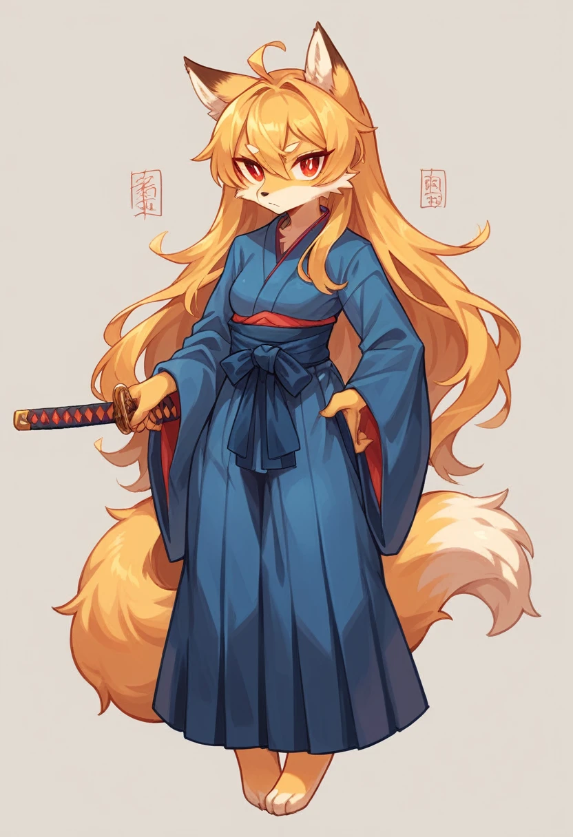 (full body,,The left hand is on the hip),((The right hand is out in front,Nine-tailed tail,Japan holding a sword at his waist,)),small breasts,Adult female fox, Furry, Golden fur, Golden facial fur, long golden hair, The hair on his hands is golden, Golden yellow hair on the back of the hand, Light-filled eyes, Red eyes, Brown elements of fur,Dark blue kimono,Dark blue hakama,Very fine fur, Fluffy tail,