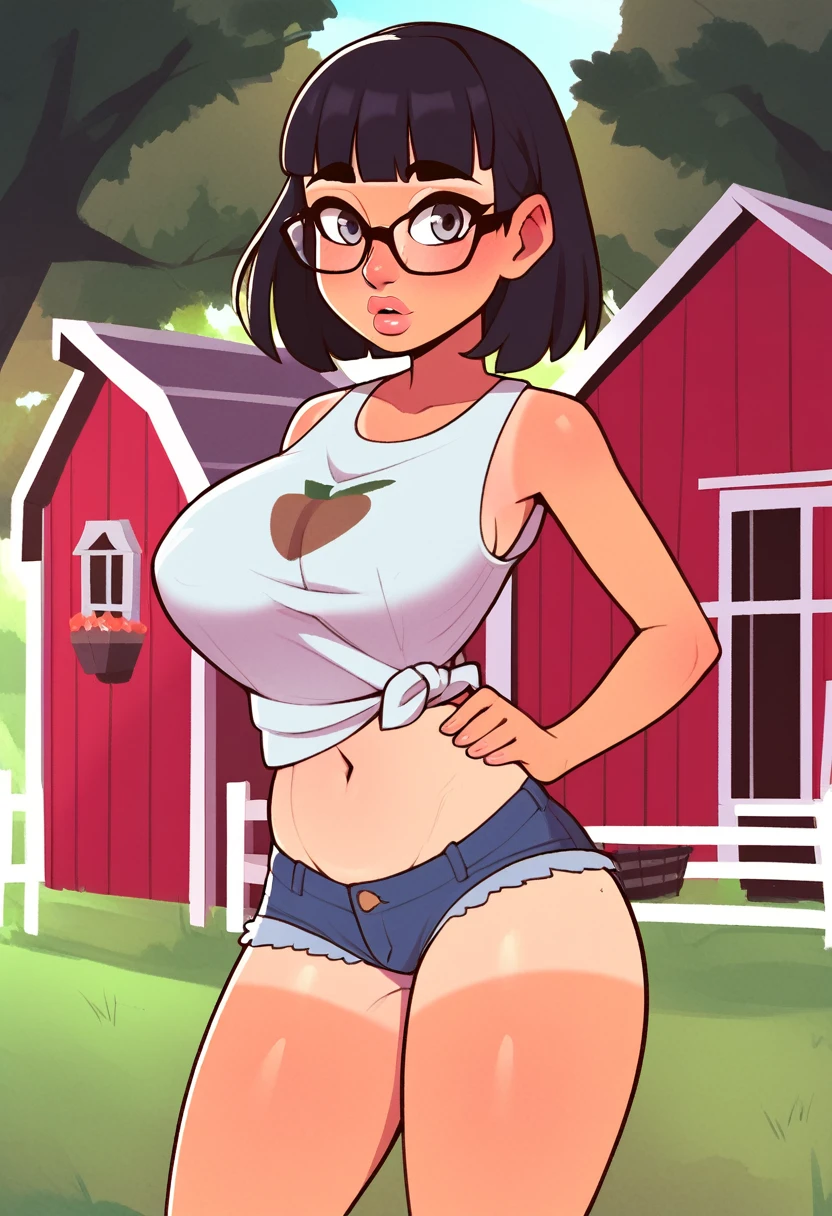 score_9, score_8_up, score_7_up, score_6_up, score_5_up, score_4_up, BREAK 1girl, black hair, plait hair, grey eyes, thick lips, glasses, tanlines, long eyelashes, surprised expression, standing in a farm, blunt bangs, adult, harsh lighting, BREAK solo, large breasts, adult, skinny, arched back, thigh gap, farmer's outfit, BREAK (farm background:1.2), innocent, lovely, adorable, dynamic pose
