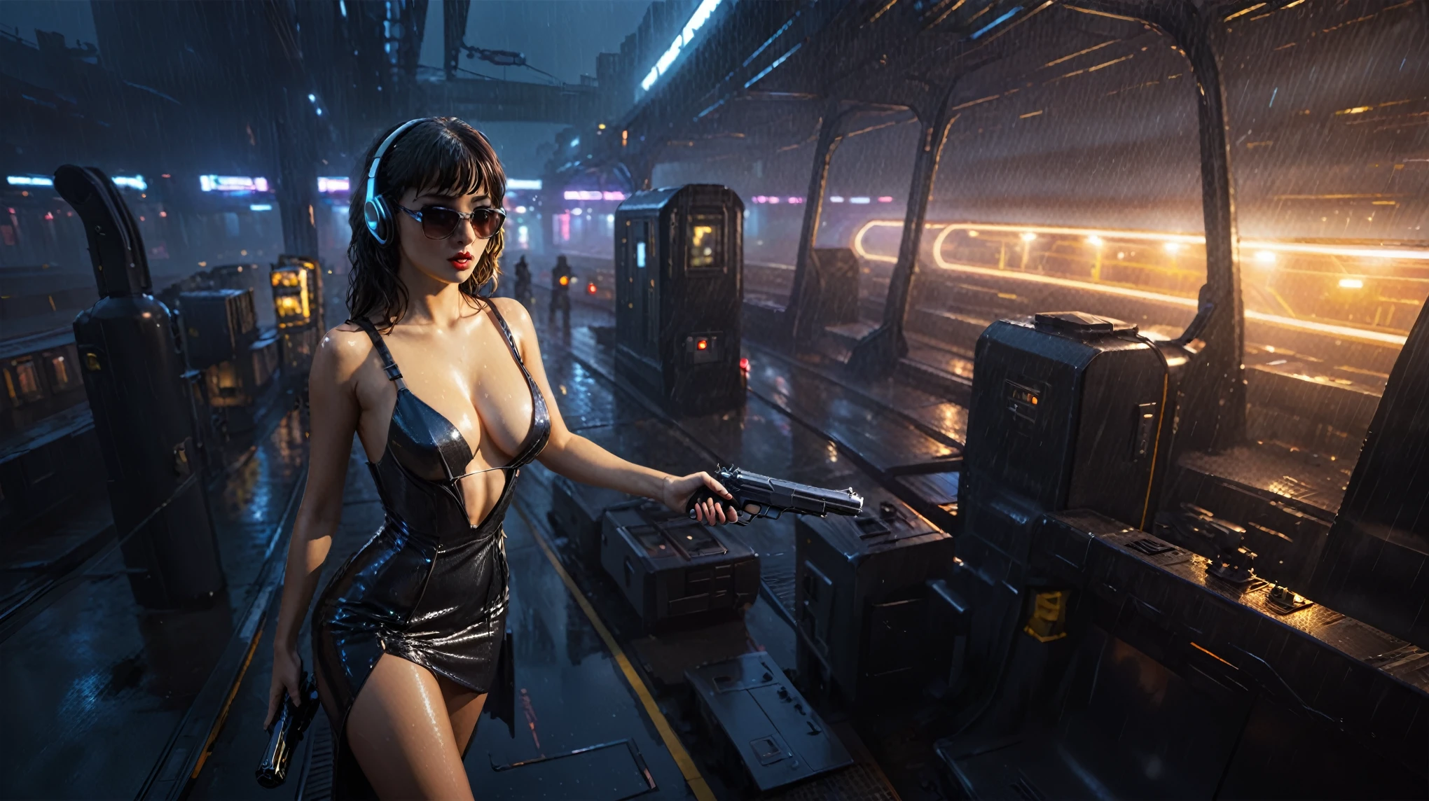 (((aerial view))), Blade Runner style futuristic railway platform, hi-tech train, neon lights, rainy night. (1girl, solo, alone), large-breast:1.2 slim body, cleavage:1.1, sexy wind blowing wet dress:1.4, headphone, (black sunglasses), (((she raised a pistol:1.8 and shot:1.8 the viewer))), dynamic pose, (((half-body thigh level medium shot))), cinematic lighting, lens flare, ray tracing, zoom-in blurred:1.4 background.