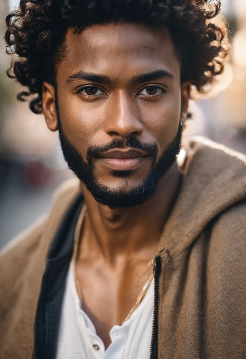 handsome black brazilian man, 60mm portrait, 70mm portrait, 50mm portrait, curly hair, medium portrait top light, medium portrait soft light, soft portrait shot in 8k, cinematic headshot portrait, cinematic portrait