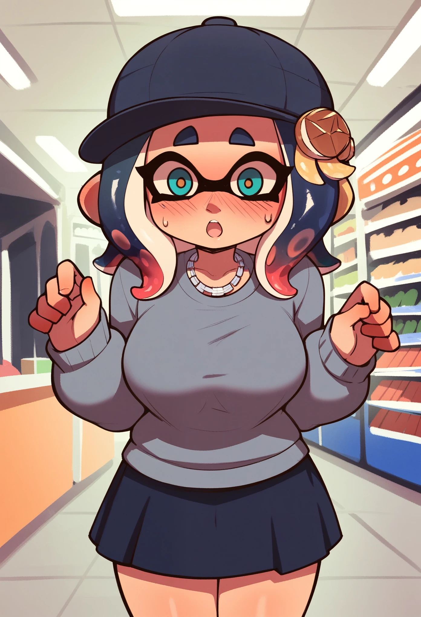 (score_9, score_8_up), score_7_up, score_6_up, score_5_up, score_4_up,(masterpiece, best quality, highres, ultra detailed:1.2), (solo, 1girl, cowboy shot), flow_(splatoon), jewelry, necklace, tentacle hair, hair ornament, hat, sleeves past fingers, teal eyes, grey shirt, long black skirt, open mouth, surprised, full face blush, bending forward, large breasts, (sexy pose:1.2), (detailed background, shop interior:1.2)
