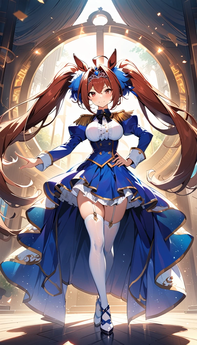 (8k, RAW photo, highest quality, masterpiece), (solo, 1 girl, ahoge: 1.2), ink painting, Uma Musume, shine, horse ears, horse tail, Uma Musume, 5 fingers, dynamic lighting, High resolution, sharp focus, depth of field, fashionable, elegance, charming, seductive, gorgeous, stunning, beautiful, charming, cute, beautiful detailed face, beautiful detailed eyes, soft expression, slim beautiful figure, Curvy, hourglass shape, large bust, slender arms, graceful hands, delicate fingers, slender wrists, elegant neck, smooth skin, dynamic angles, perfect composition, Perfect anatomy, natural fingers, 5 fingersdaiwa scarlet \(umamusume\),
wide shot, full body, leaning forward, hand on hip, blue sky, grass,Twin tails
looking at viewer, index finger raised, reaching out, 
hair bow, red bow, tiara, epaulettes, puffy long sleeves, juliet sleeves, black bowtie, white shirt, framed breasts, blue jacket, blue dress, center frills, underbust, layered skirt, garter straps, white thighhighs, white footwear
,full body, smile, Looking forward, stage, indoors, dancing,