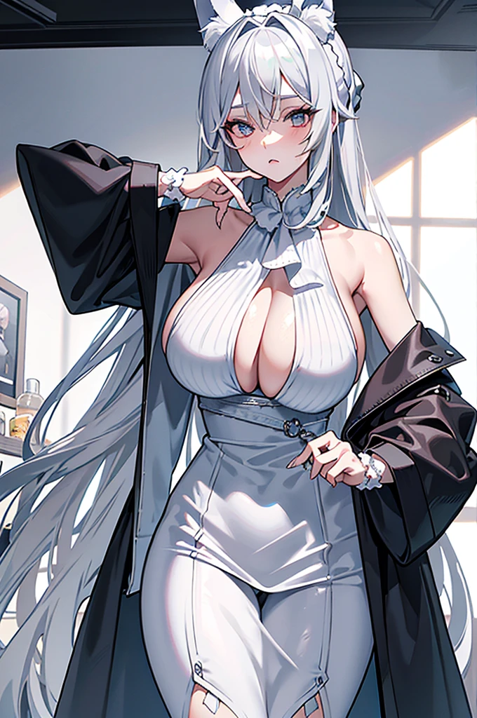 best qualtiy,tmasterpiece,The is very detailed,4K,Gray hair and shallow eyes,Drag cool expressions,Wolf ears,Erect scar on the left eye,British style,1girl,Absolutely beautiful, huge breasts, white costume, animal ear Scrunchie