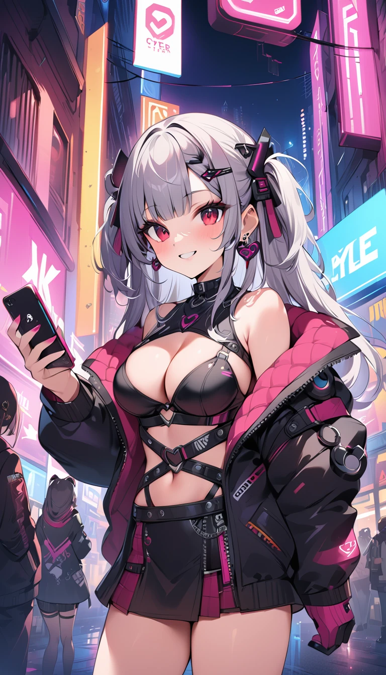 Highest quality, masterpiece, Ultra-high resolution,City of night,Standing woman,Neon Town, Have a smartphone,cyber punk vibe, cyber punk art style, cyber punk vibes, digital cyber punk - anime art, cyber punk themed art, cyber punk anime art, digital cyber punk anime art, in cyber punk style, cyber punk artstyle, has cyber punk style, anime cyber punk art, in cyber punk city, cyber punk art, cyber punk))), cyber punk style, style of cyber punk ,Red eyes, Cleavage, ,Seraphim, skirt,, Multicolored Hair, Grey Hair, Striped Hair, hair ornaments, smile, Black Hair, ,Black jacket, Earrings, Braiding, tooth,Long Hair,Octance 4K, Attention to detail