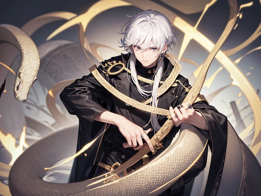 a man holding a stick with a snake wrapped around it, white hair, black eyes, snake ring on his right hand, looking forward, masterpiece, 8k, hd, black jacket, hd quality, clear