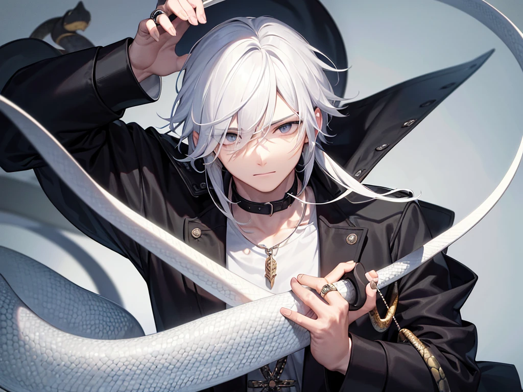 a man holding a stick with a snake wrapped around it, white hair, black eyes, snake ring on his right hand, looking forward, masterpiece, 8k, hd, black jacket, hd quality, clear