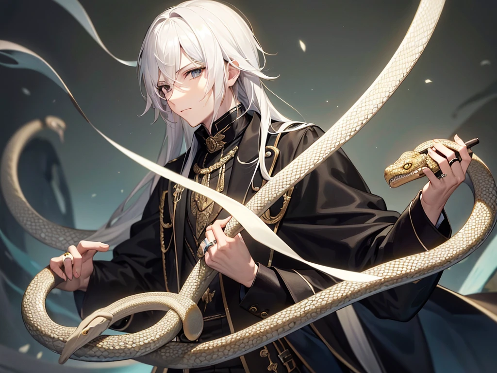 a man holding a stick with a snake wrapped around it, white hair, black eyes, snake ring on his right hand, looking forward, masterpiece, 8k, hd, black jacket, hd quality, clear