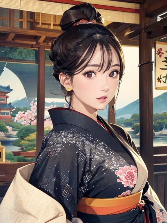 (Highest quality、 8k 、masterpiece、High resolution)、(whole body)、Vibrant colors、Brown-black bob、Traditional topknot、Ample breasts、(Highly detailed face and eyes,Beautiful Face,Beautiful Eyes,Beautiful nose,Pretty lips)、Official Art、Ukiyo-e style、 (Beautiful woman in kimono)、(Vivid floral patterned kimono)、background、river、bridge、Mountain、wood、Starry Sky、moon、Detailed CG、