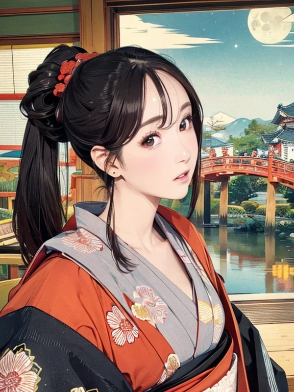 (Highest quality、 8k 、masterpiece、High resolution)、(whole body)、Vibrant colors、Brown-black bob、Traditional topknot、Ample breasts、(Highly detailed face and eyes,Beautiful Face,Beautiful Eyes,Beautiful nose,Pretty lips)、Official Art、Ukiyo-e style、 (Beautiful woman in kimono)、(Vivid floral patterned kimono)、background、river、bridge、Mountain、wood、Starry Sky、moon、Detailed CG、