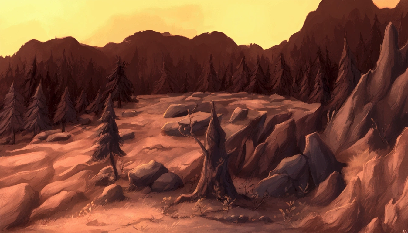 Masterpiece, best quality, very detailed, A dark, sinister lion’s lair nestled deep in the forest. The lair is a rocky, shadowy den, surrounded by towering trees with twisted, gnarled branches on either side. The forest floor is littered with dried leaves and bones, creating an eerie atmosphere. Evil lions with menacing eyes patrol the territory, their muscular forms moving stealthily through the dim light that barely penetrates the dense canopy above. No humans or human buildings are present, only the ominous natural elements and the foreboding presence of the lions.