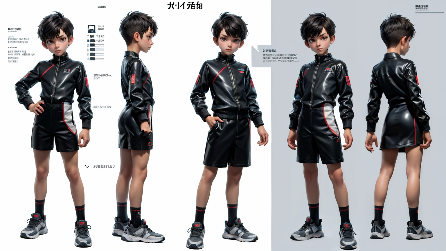 cute face boy, cute face, short height boy, wearing casual futuristic pent, full dress, full standing pose, Crew Cut hairs, Crew Cut hairs, sports shoes, Character Sheet, 12 yo student, Full body, Simple white background, front pose character reference sheet, Concept art, design sheet