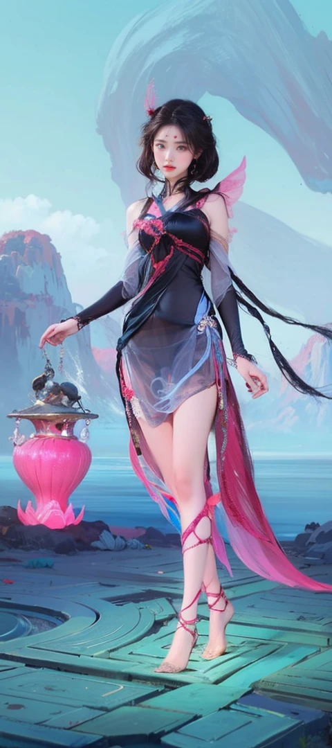 ((whole body)), ((Chest Window, Visible cleavage)), Practical, Fashion Girl, Red lips, Cute woman, cosmetic, big eyes, beautiful eyes, ((whole body)), ((From below)), (best quality, masterpiece:1.2), Very detailed, (Practical:1.37), ((Sexy long legs)), beautiful, Young and energetic, Charming model, Large Breasts, Clive Arch, (Exquisite eyes, Delicate lips, extremely Exquisite eyes), Show a bright smile, Create stunning girl images, warm color, Very high color saturation, Official Art, Extremely detailed CG unified 8k wallpaper,(High Dynamic Range :1.4), (Movie),(Soft colors, Dull Color, Soothing tone :1.3), (Natural skin texture, ultra-Practical, Soft Light, sharp),(Very detailed), night, moonlight, ((In the mountains, plant, Leaning against the rocks))