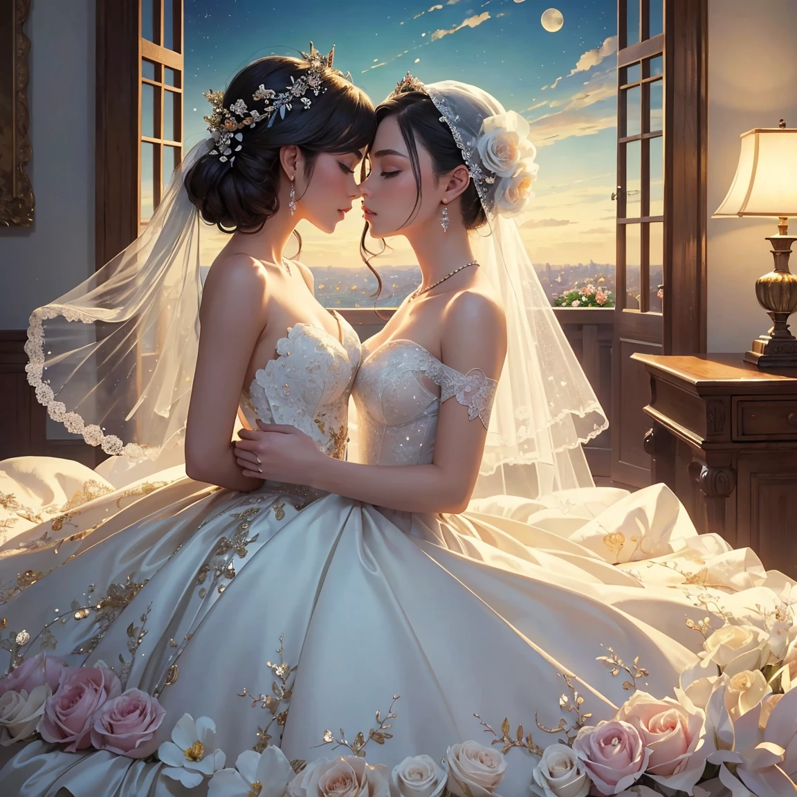 (masterpiece, highest quality, official art, beauty and aesthetic:1.5), perfect anatomy, two stunning bride is deeply in love with each other, kiss, romantic atmosphere, flower and moon, magnificent panorama view