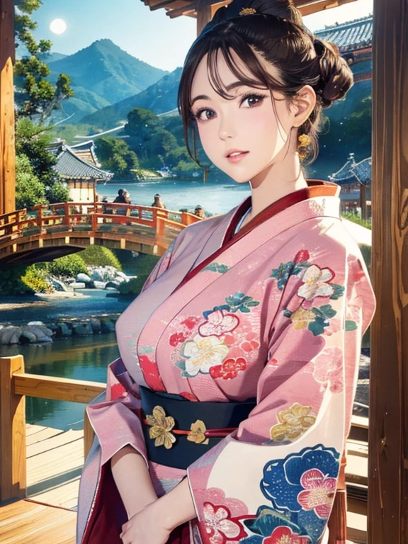 (Highest quality、 8k 、masterpiece、High resolution)、(whole body)、Vibrant colors、Brown-black bob、Traditional topknot、Ample breasts、(Highly detailed face and eyes,Beautiful Face,Beautiful Eyes,Beautiful nose,Pretty lips)、Official Art、Ukiyo-e style、 (Beautiful woman in kimono)、(Vivid floral patterned kimono)、background、river、bridge、Mountain、wood、Starry Sky、moon、Detailed CG、