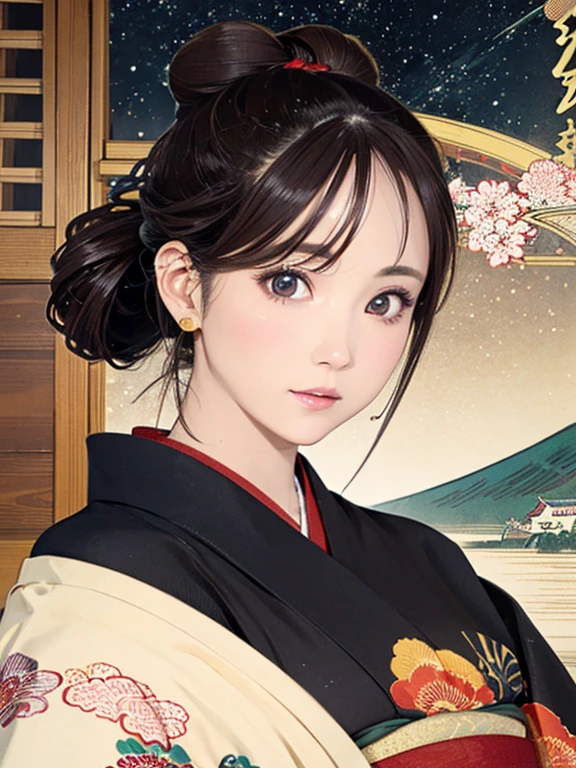 (Highest quality、 8k 、masterpiece、High resolution)、(whole body)、Vibrant colors、Brown-black bob、Traditional topknot、Ample breasts、(Highly detailed face and eyes,Beautiful Face,Beautiful Eyes,Beautiful nose,Pretty lips)、Official Art、Ukiyo-e style、 (Beautiful woman in kimono)、(Vivid floral patterned kimono)、background、river、bridge、Mountain、wood、Starry Sky、moon、Detailed CG、