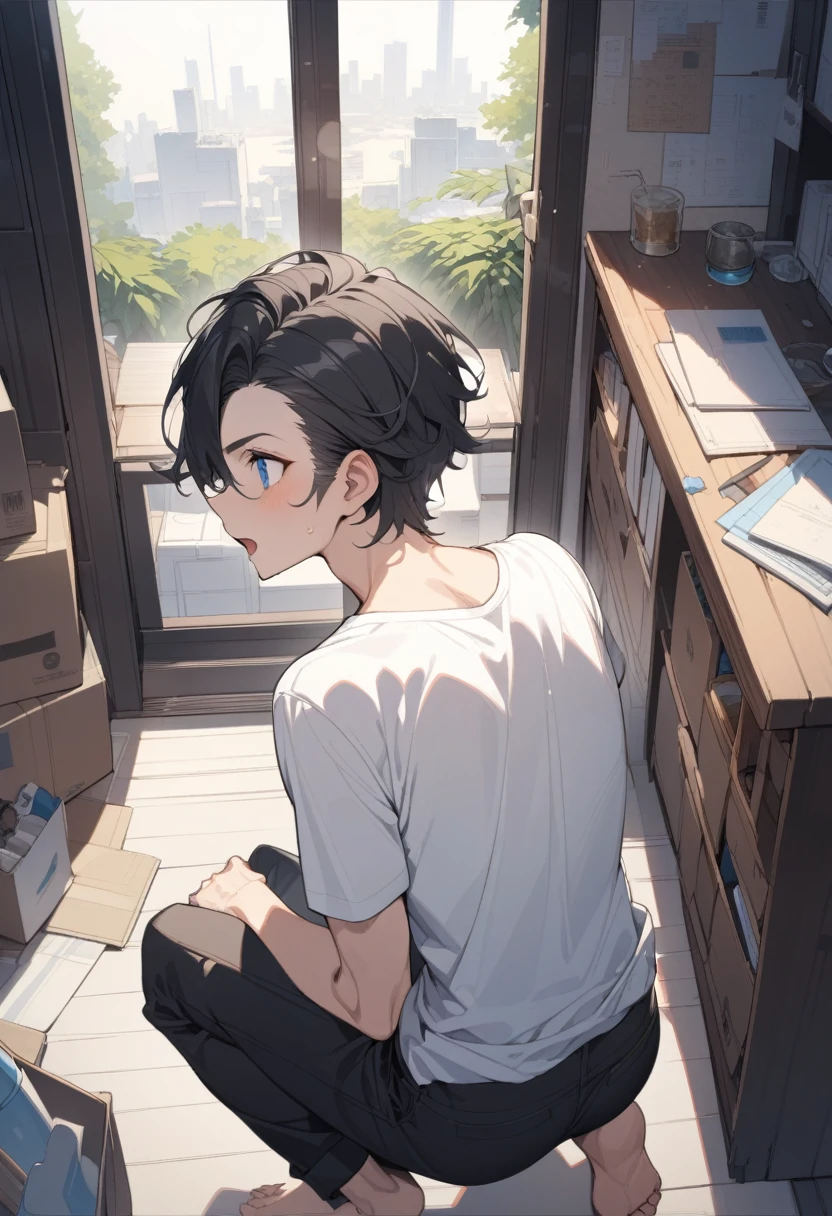 masterpiece, best quality, extremely detailed, ultra detailed, flat anime, 2D, ((1boy)),black hair, (short hair:1.5),blue eyes, height 1.7meters, (circle eyes:1.2), (young adult:1.2), Ear-length sideburns, long Sleeves, White T-shirt, barefoot, ((short sleeves)), ((long pants)), squatting, looking back, open mouth, summer, 12AM, livingroom,organizing the boxes., ((from behind)),((looking at another))
