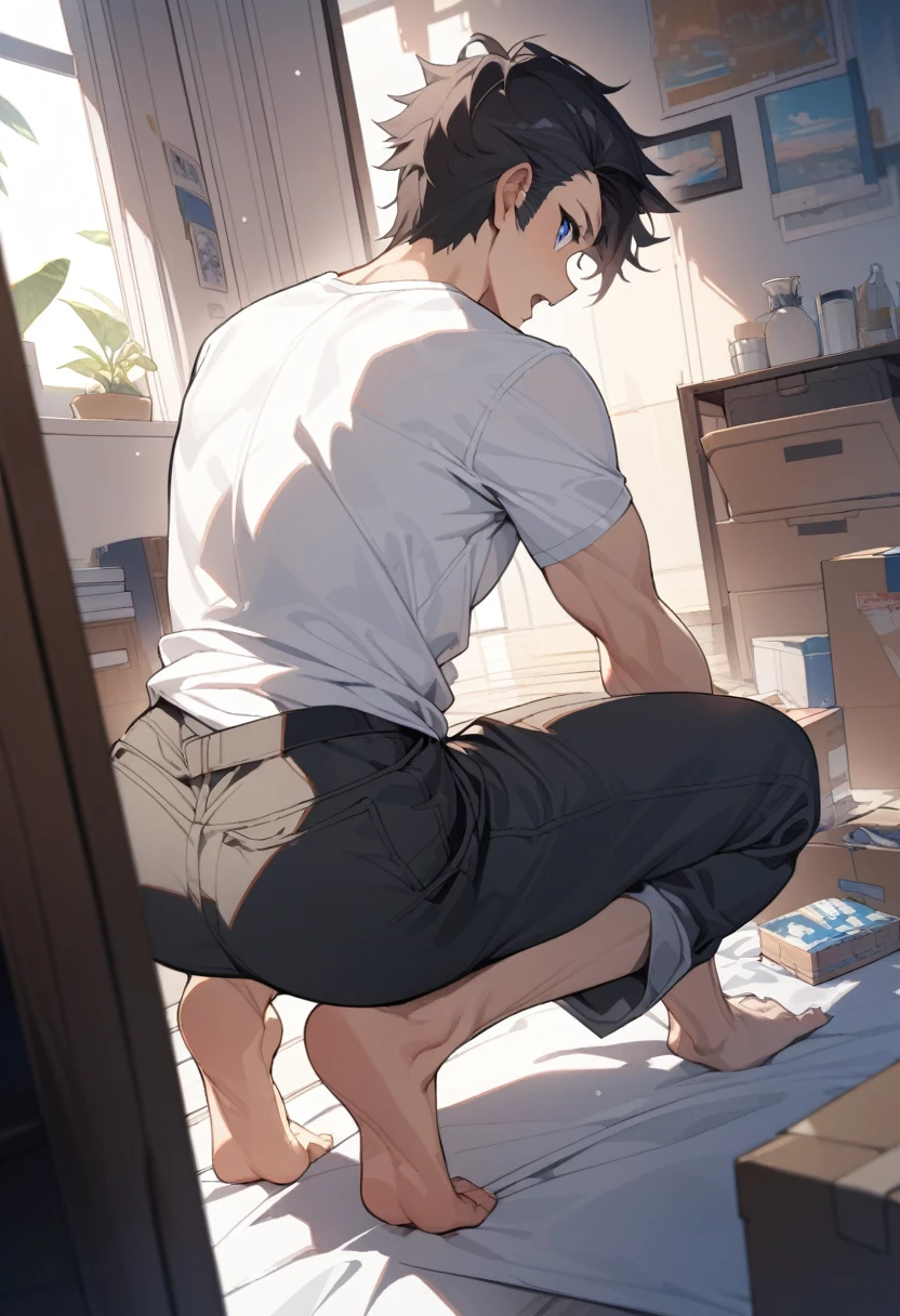 masterpiece, best quality, extremely detailed, ultra detailed, flat anime, 2D, ((1boy)),black hair, (short hair:1.5),blue eyes, height 1.7meters, (circle eyes:1.2), (young adult:1.2), Ear-length sideburns, long Sleeves, White T-shirt, barefoot, ((short sleeves)), ((long pants)), squatting, looking back, open mouth, summer, 12AM, livingroom,organizing the boxes., ((from behind)),((looking at another))