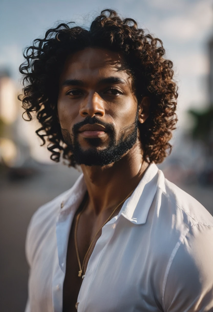 handsome black brazilian man, 60mm portrait, 70mm portrait, 50mm portrait, curly hair, medium portrait top light, medium portrait soft light, soft portrait shot in 8k, cinematic headshot portrait, cinematic portrait