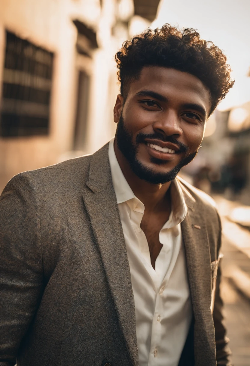 Black Man European Ethnicity, Young man with curly curly hair, torse nu et fort ,au balcon d'une maison, sunny day , debout, souriant  .
