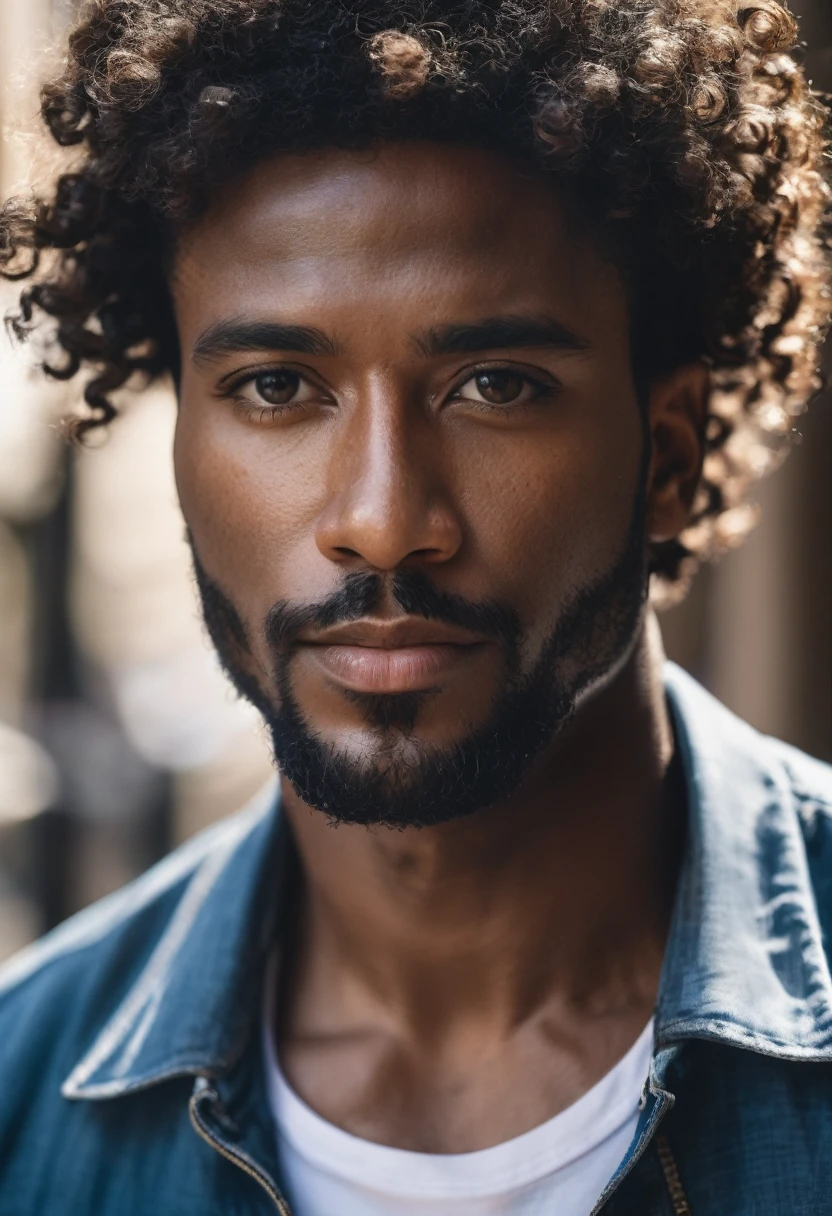 handsome black brazilian man, 60mm portrait, 70mm portrait, 50mm portrait, curly hair, medium portrait top light, medium portrait soft light, soft portrait shot in 8k, cinematic headshot portrait, cinematic portrait