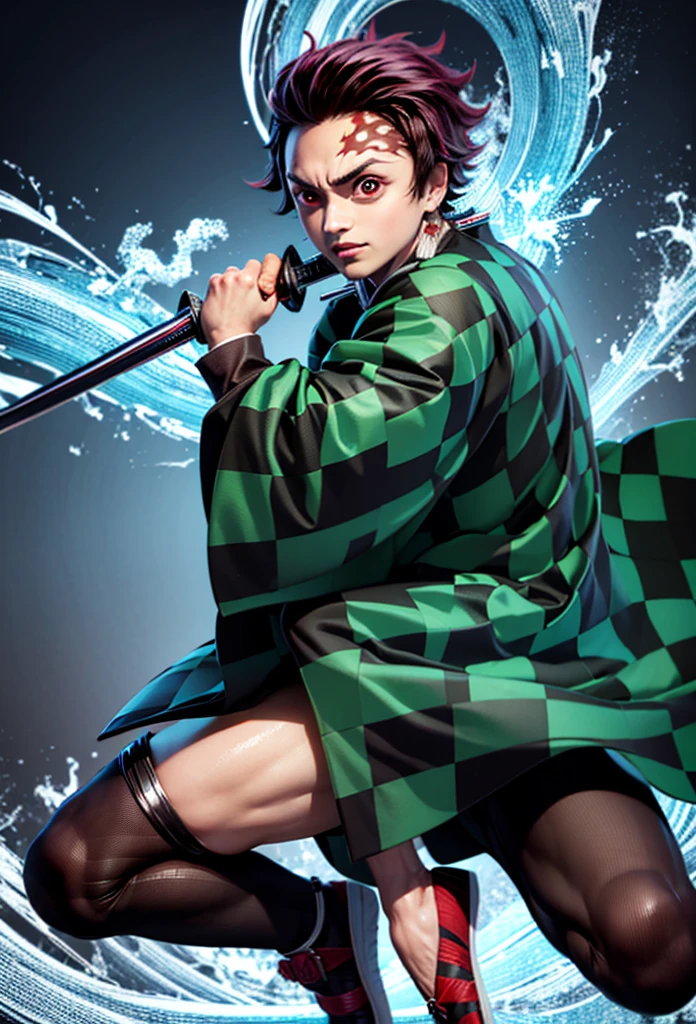 Kamado Tanjiro,(Kimetsu No Yaiba),Full Style,Ultra High Quality,Ultra High Resolution,Photograph 8K,Holding a Sword,Ultra Detailed ,Demon Hunter Suit,Hino Kami Kagura Teknik