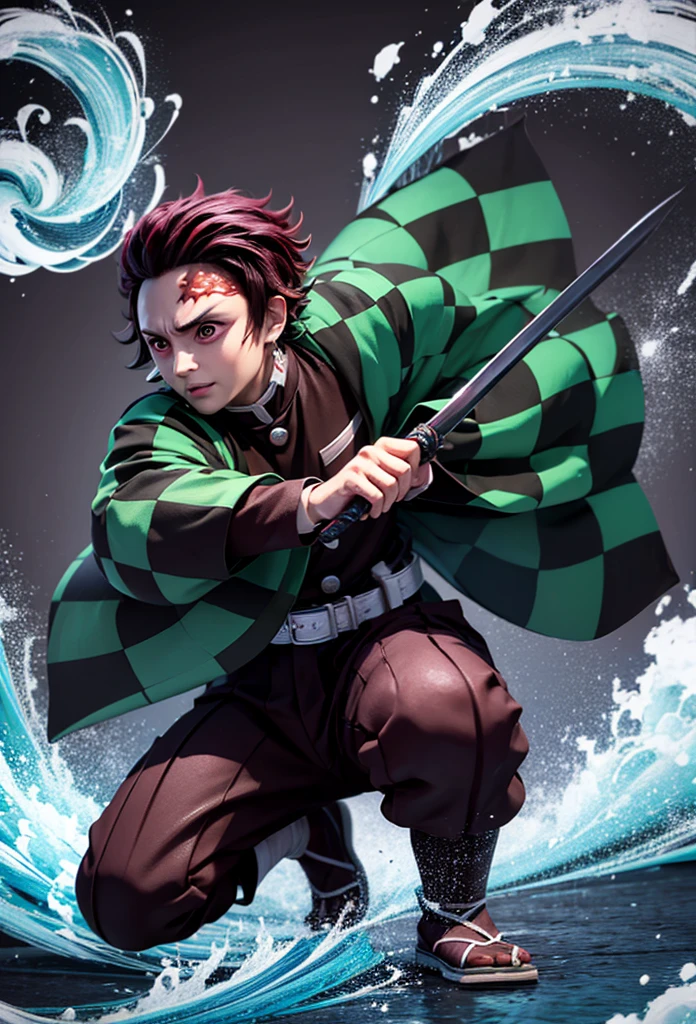 Kamado Tanjiro,(Kimetsu No Yaiba),Full Style,Ultra High Quality,Ultra High Resolution,Photograph 8K,Holding a Sword,Ultra Detailed ,Demon Hunter Outfit