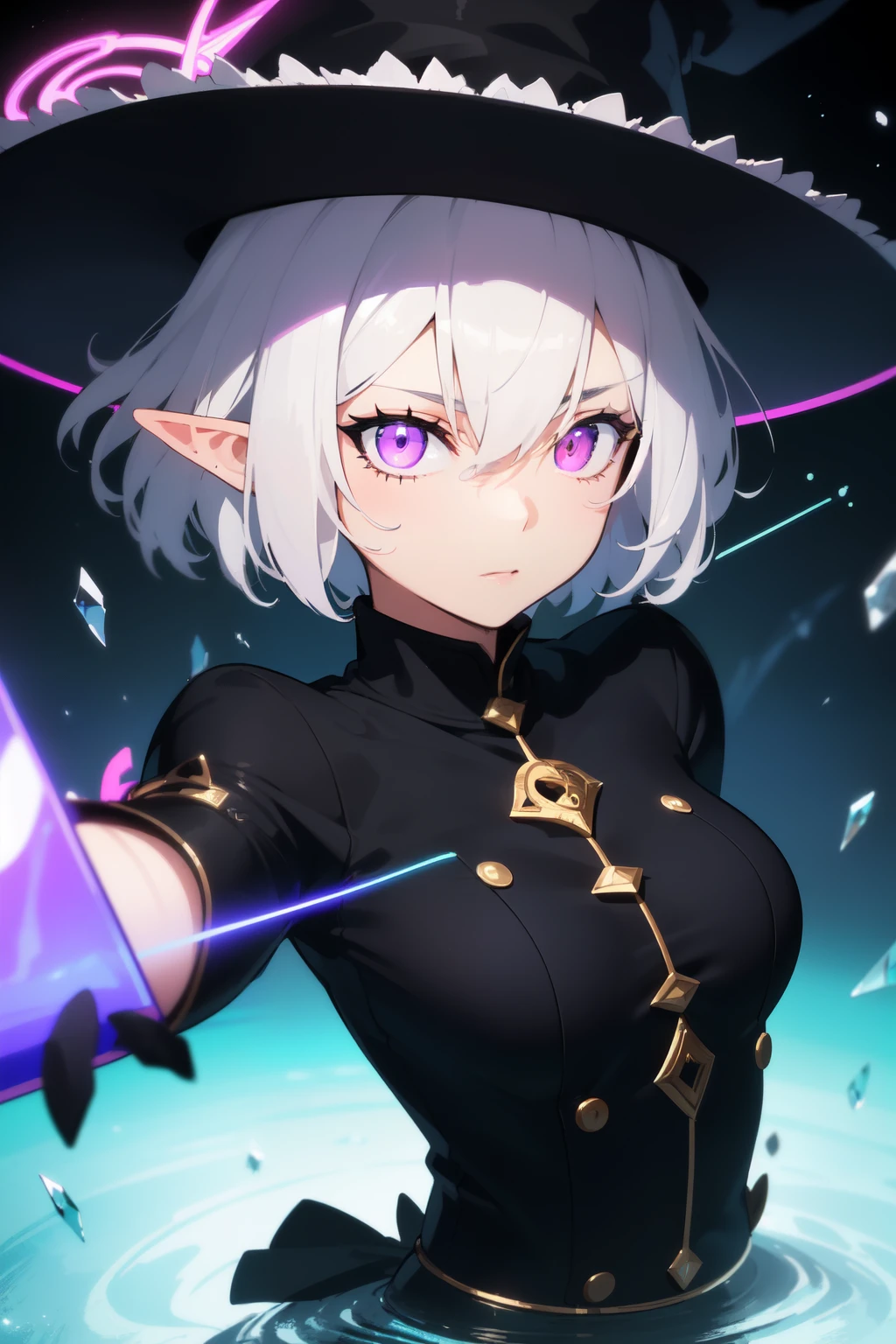 (masterpiece, Best quality, ultra detailed, best shadow), (detailed background,dark fantasy), (beautiful detailed face), high contrast, (Better lighting, very gentle and beautiful), ((cinematic light)), colorful, hyperdetailing, dramatic light, complex parts, (1 girl, Elf, White hair, Sharp face, Pink eyes, hair between eyes, Dynamic angle, Purple witch hat), (swirling black light around the character:1.5), depth of field, Black light particles, (broken glass), magic circle in hand, short hair, dark tight clothes, (look to the side), (In water)