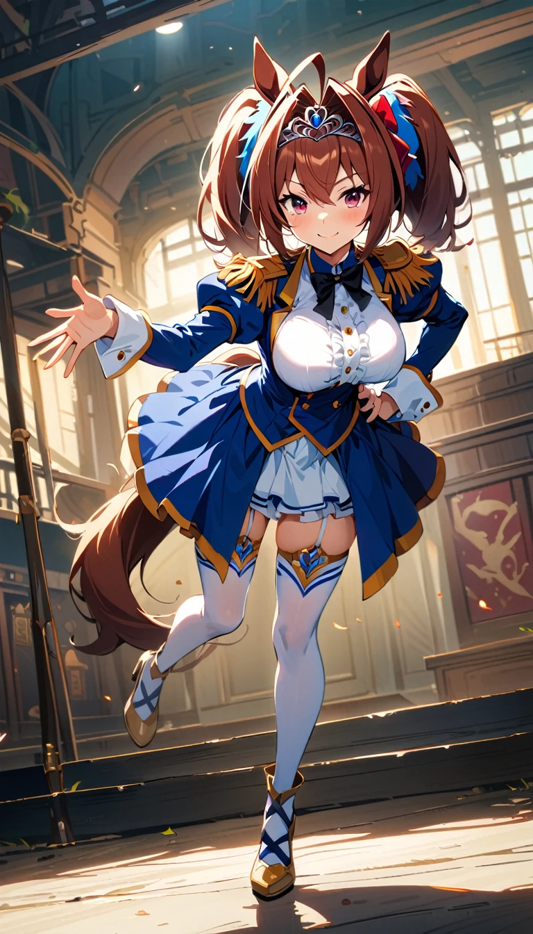 (8k, RAW photo, highest quality, masterpiece), (solo, 1 girl, ahoge: 1.2), ink painting, Uma Musume, shine, horse ears, horse tail, Uma Musume, 5 fingers, dynamic lighting, High resolution, sharp focus, depth of field, fashionable, elegance, charming, seductive, gorgeous, stunning, beautiful, charming, cute, beautiful detailed face, beautiful detailed eyes, soft expression, slim beautiful figure, Curvy, hourglass shape, large bust, slender arms, graceful hands, delicate fingers, slender wrists, elegant neck, smooth skin, dynamic angles, perfect composition, Perfect anatomy, natural fingers, 5 fingersdaiwa scarlet \(umamusume\),
wide shot, full body, leaning forward, hand on hip, blue sky, grass,Twin tails
looking at viewer, index finger raised, reaching out,
hair bow, red bow, tiara, epaulettes, puffy long sleeves, juliet sleeves, black bowtie, white shirt, framed breasts, blue jacket, blue dress, center frills, underbust, layered skirt, garter straps, white thighhighs, white footwear
,full body, smile, Looking forward, stage, indoors, dancing,